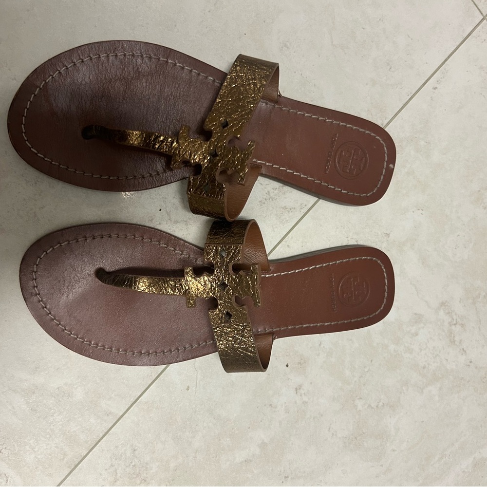 Tory Burch Brown and Gold Sandals with Metallic Embellishments